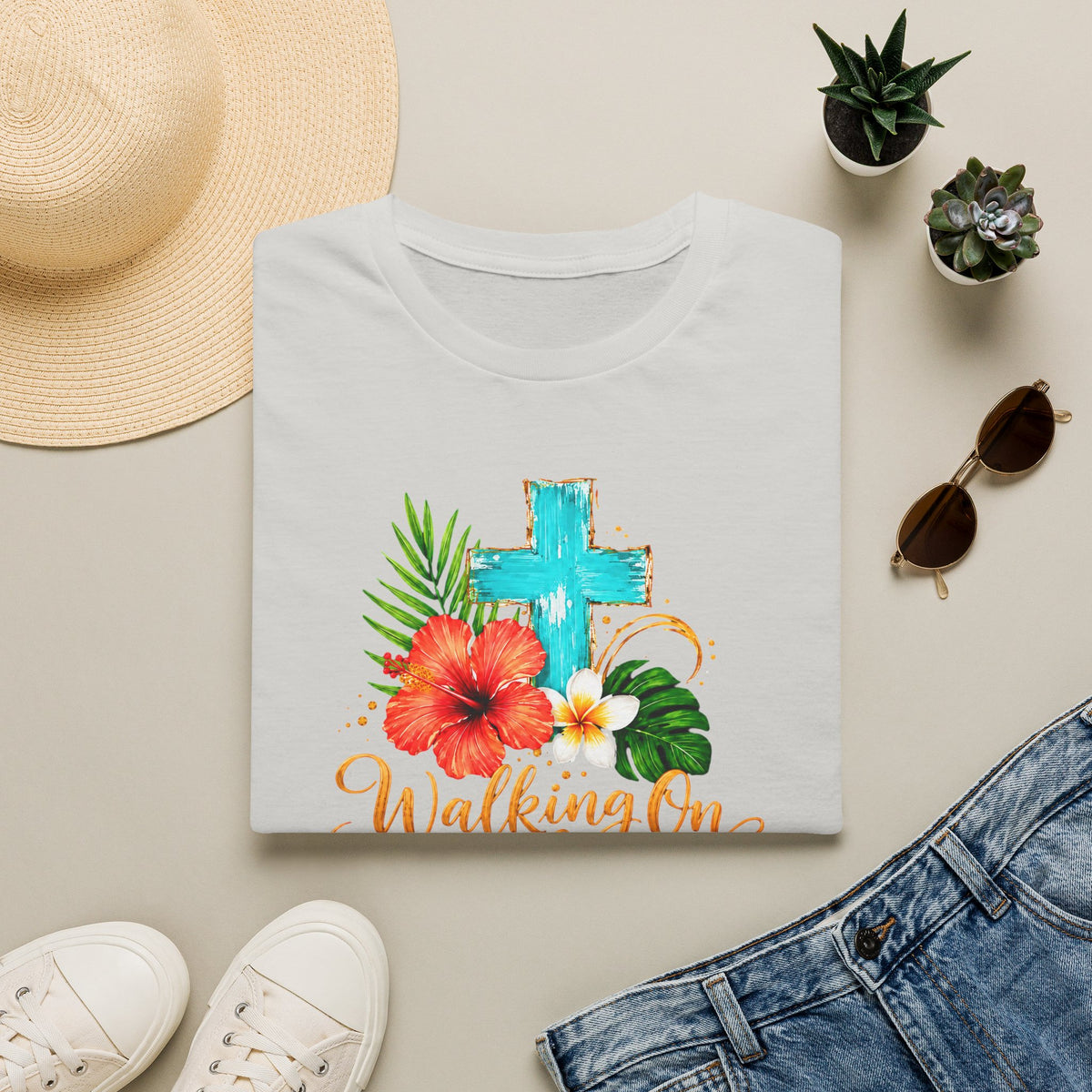 Walking on Sunshine & Jesus Floral Cross T-Shirt