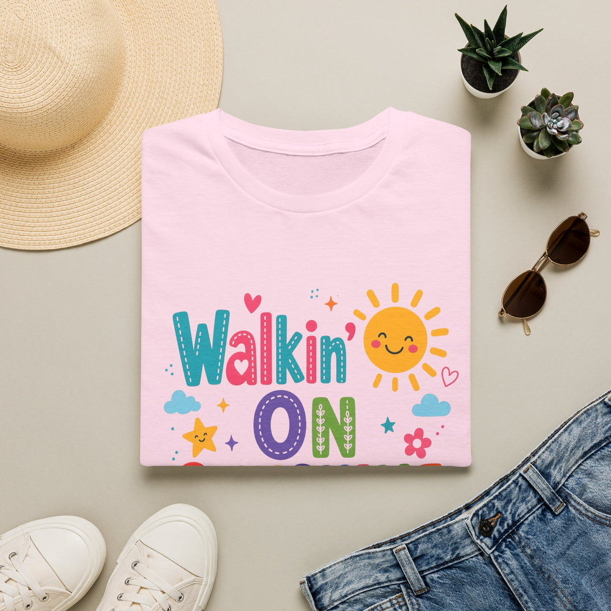 T-Shirt — "Walkin' on Sunshine" Bright Retro Sun Graphic Tee ‭‭Psalms‬ ‭118‬:‭24‬ ‭