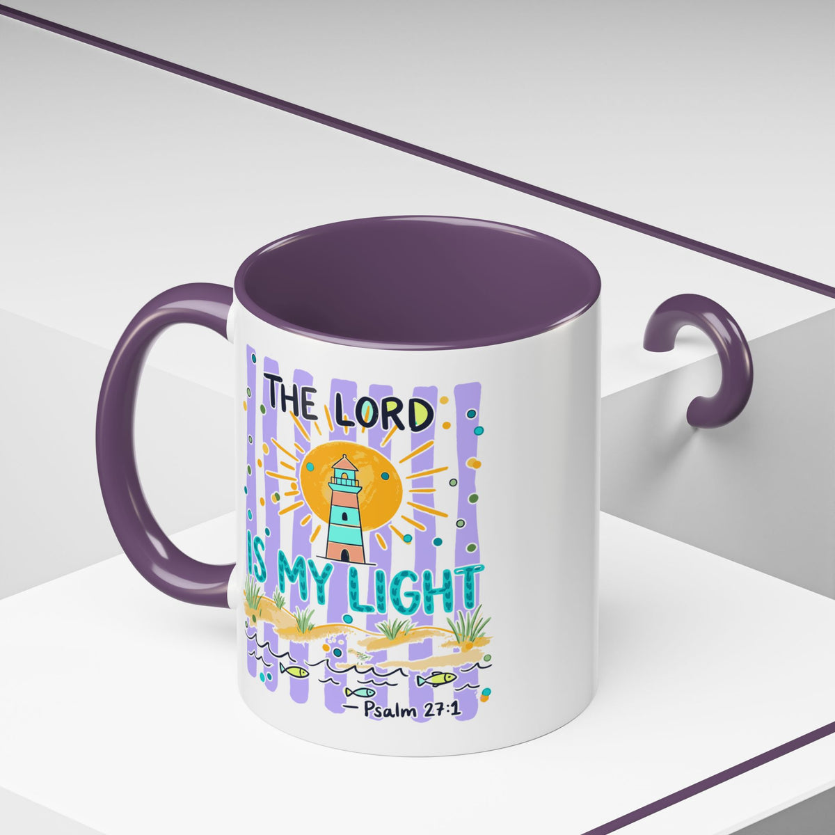 Accent Coffee Mug — “The Lord Is My Light” Lighthouse Bible Verse (Psalm 27:1)