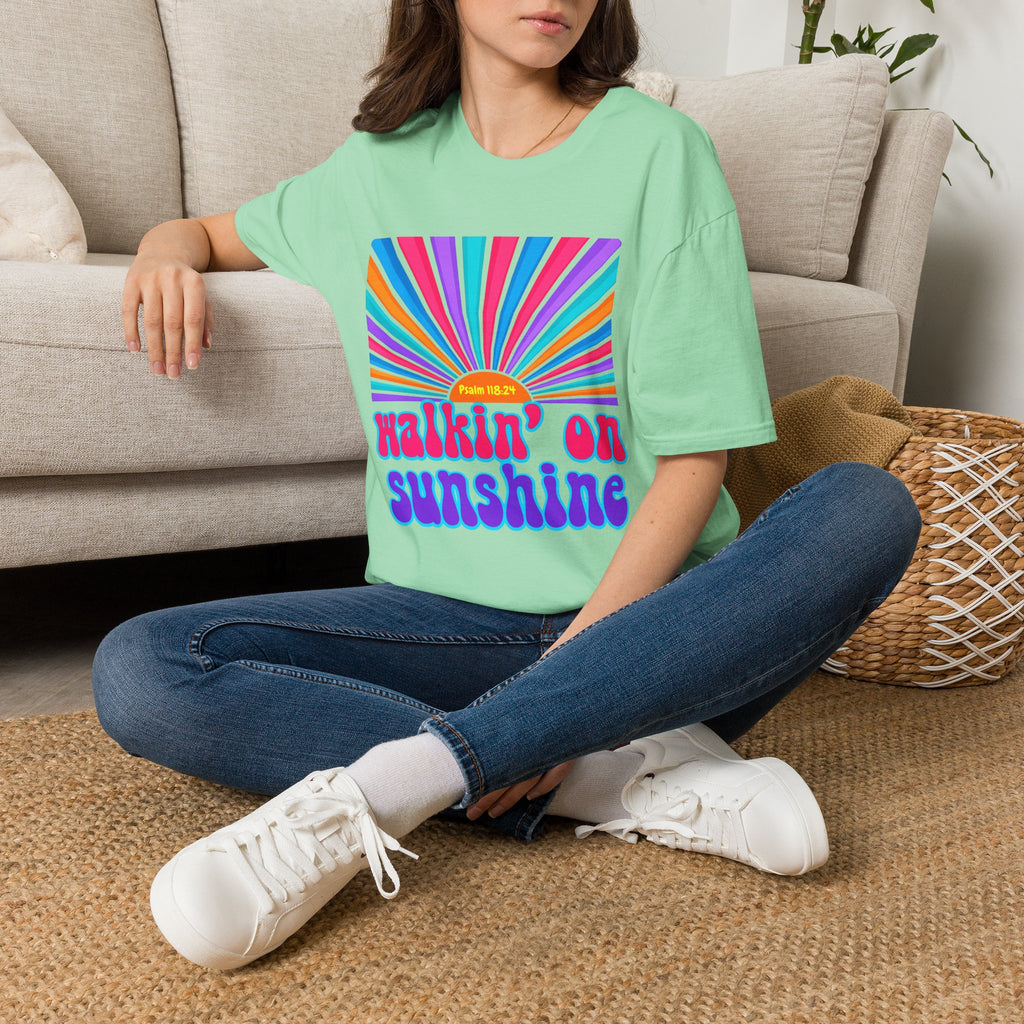 Walkin' On Sunshine Lords Glory with Lori Psalm 118:24 Retro T-Shirt — 70s Rainbow Sun Graphic Tee