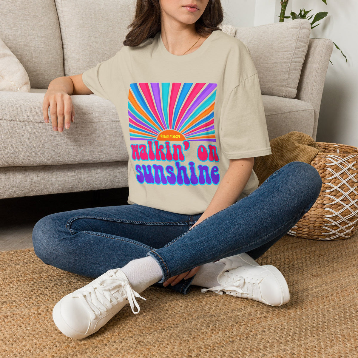 Walkin' On Sunshine Lords Glory with Lori Psalm 118:24 Retro T-Shirt — 70s Rainbow Sun Graphic Tee