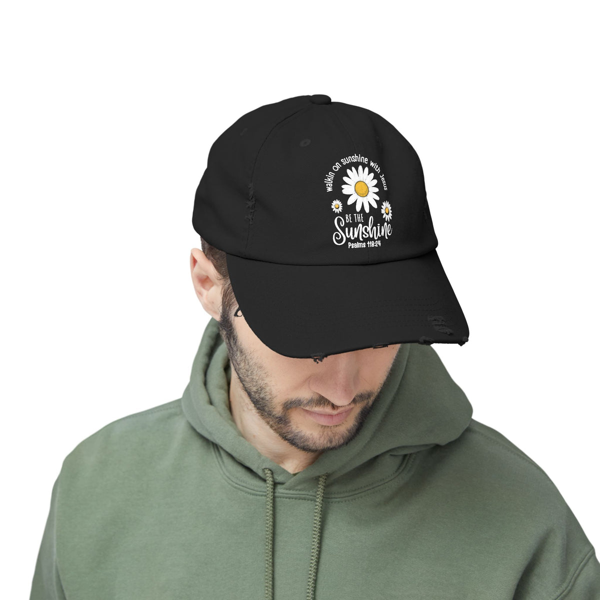 Walking on Sunshine Distressed Daisy Cap — "Be the Sunshine"  Mom and Dad Hat Psalms‬ ‭118‬:‭24