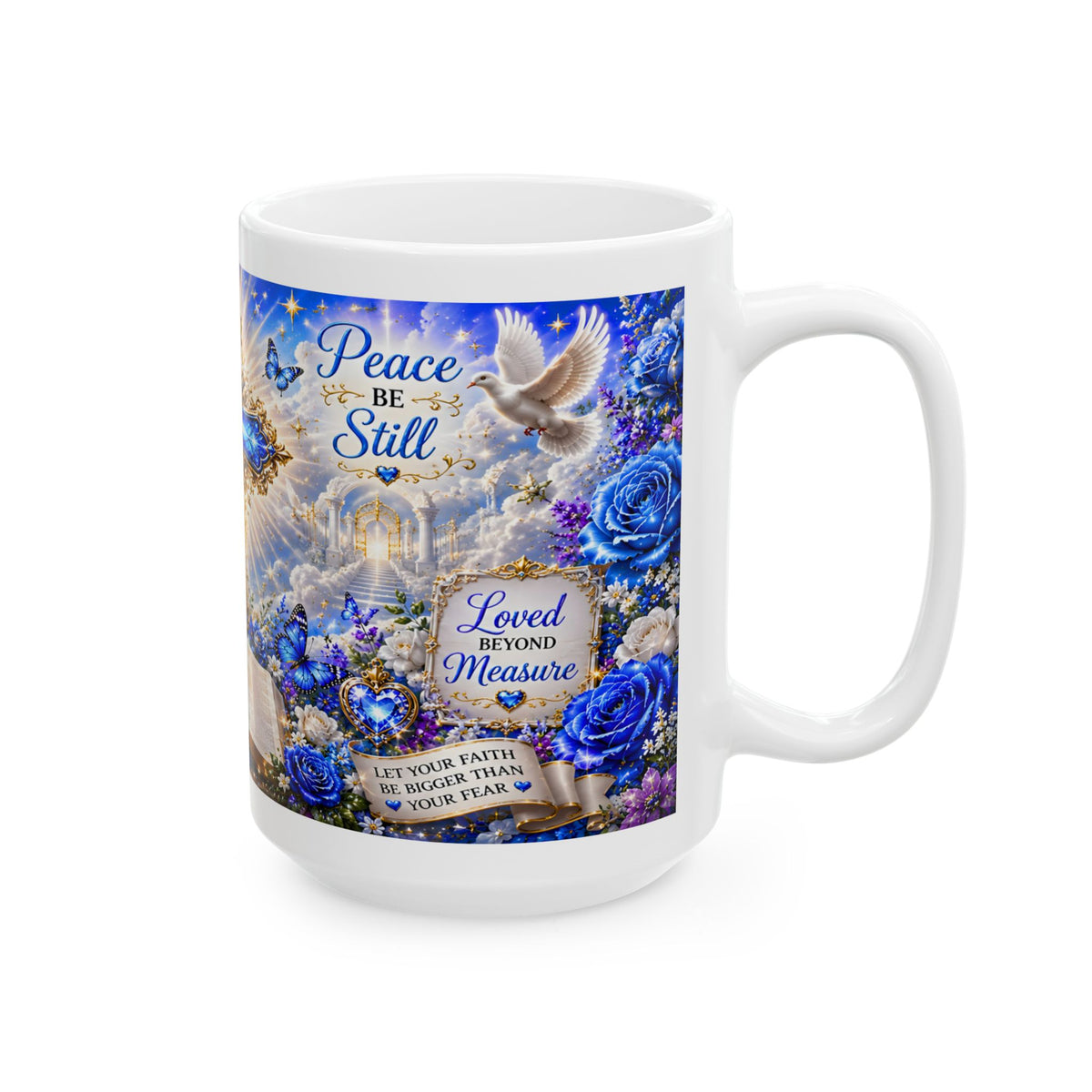 Blue Christian Cross Ceramic Mug with Bible and Floral Design