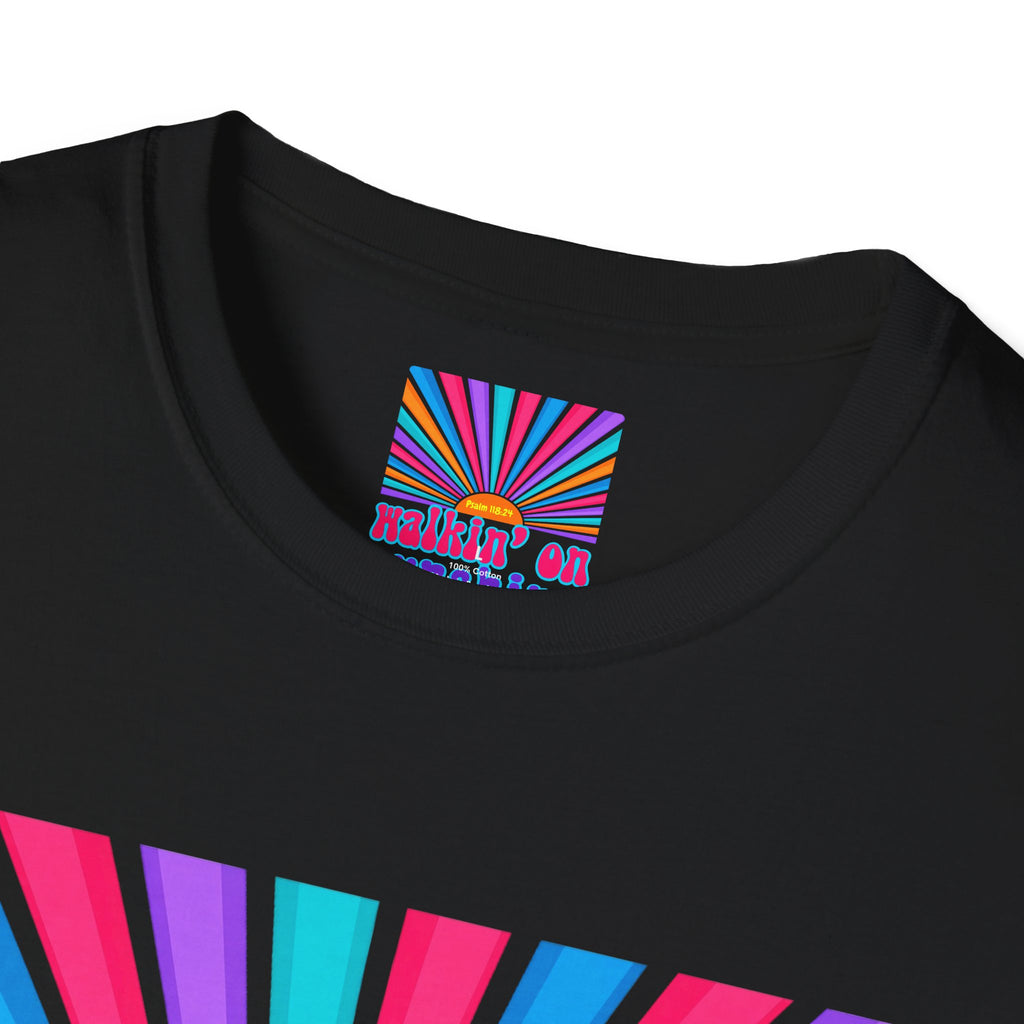 Walkin' On Sunshine Lords Glory with Lori Psalm 118:24 Retro T-Shirt — 70s Rainbow Sun Graphic Tee