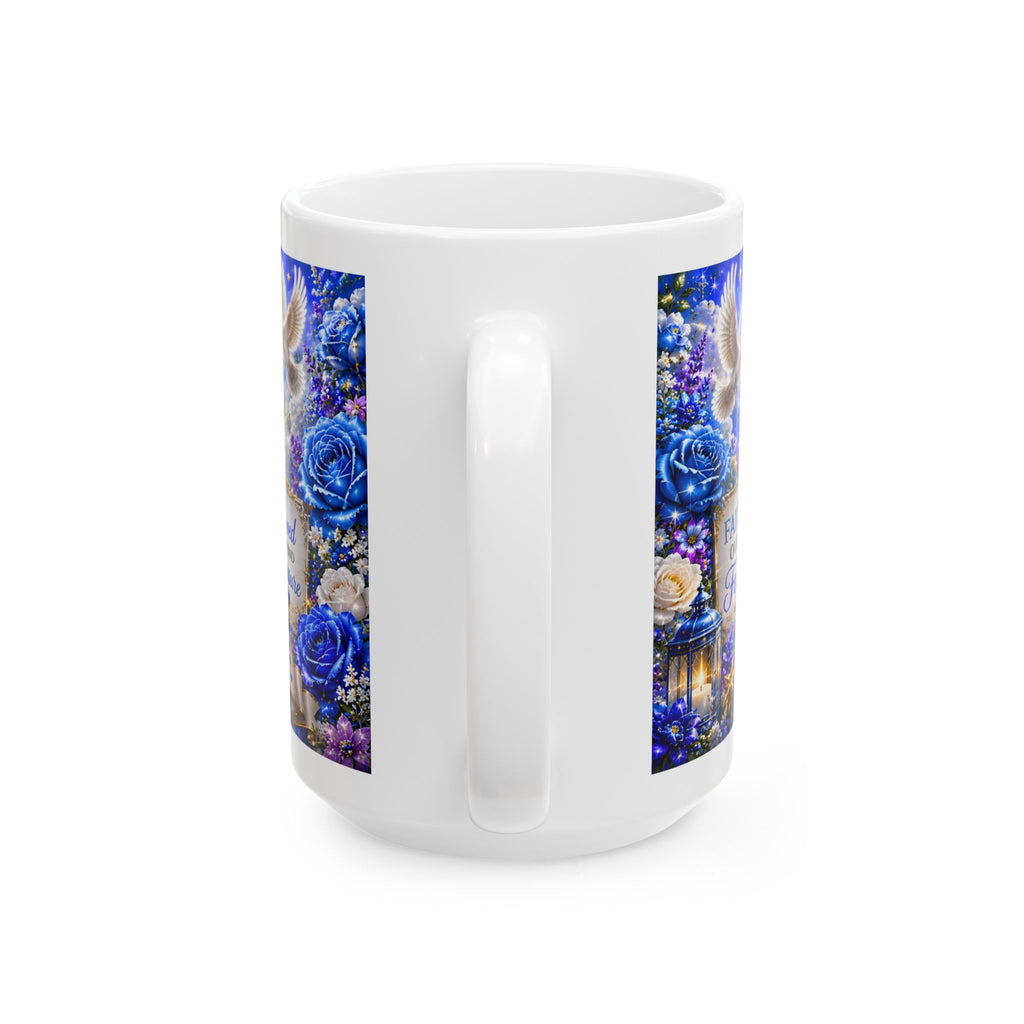 Blue Christian Cross Ceramic Mug with Bible and Floral Design