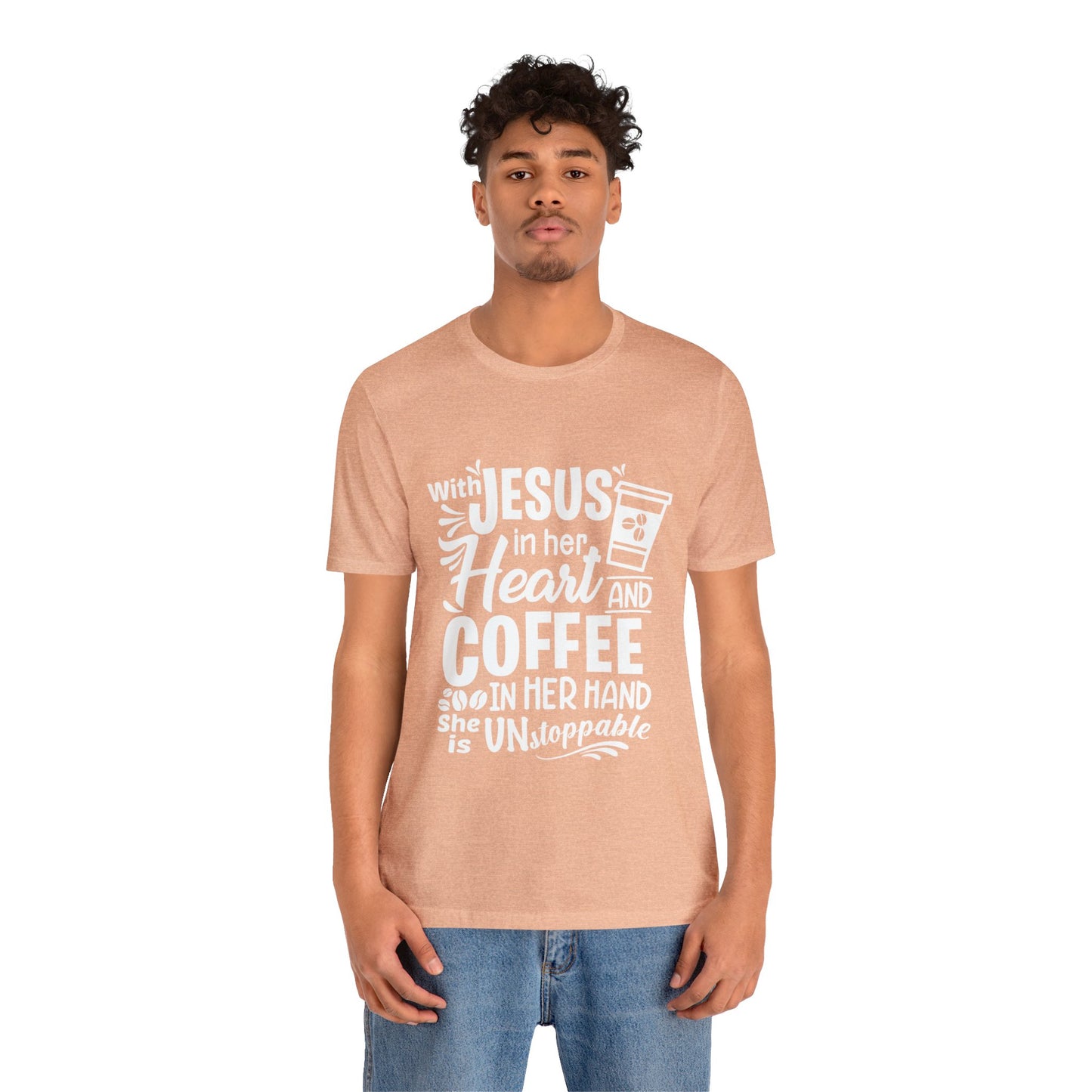 JESUS in Her Heart and Coffee - Woman's Jersey Short Sleeve Tee