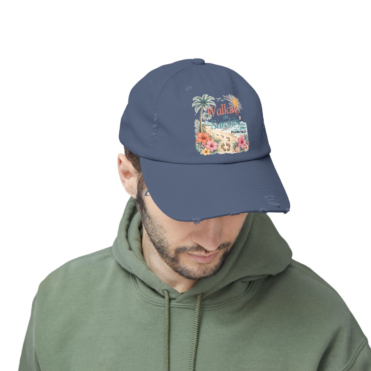 Distressed Cap — "Walk on Sunshine" Tropical Beach Baseball Hat Psalms 118:24