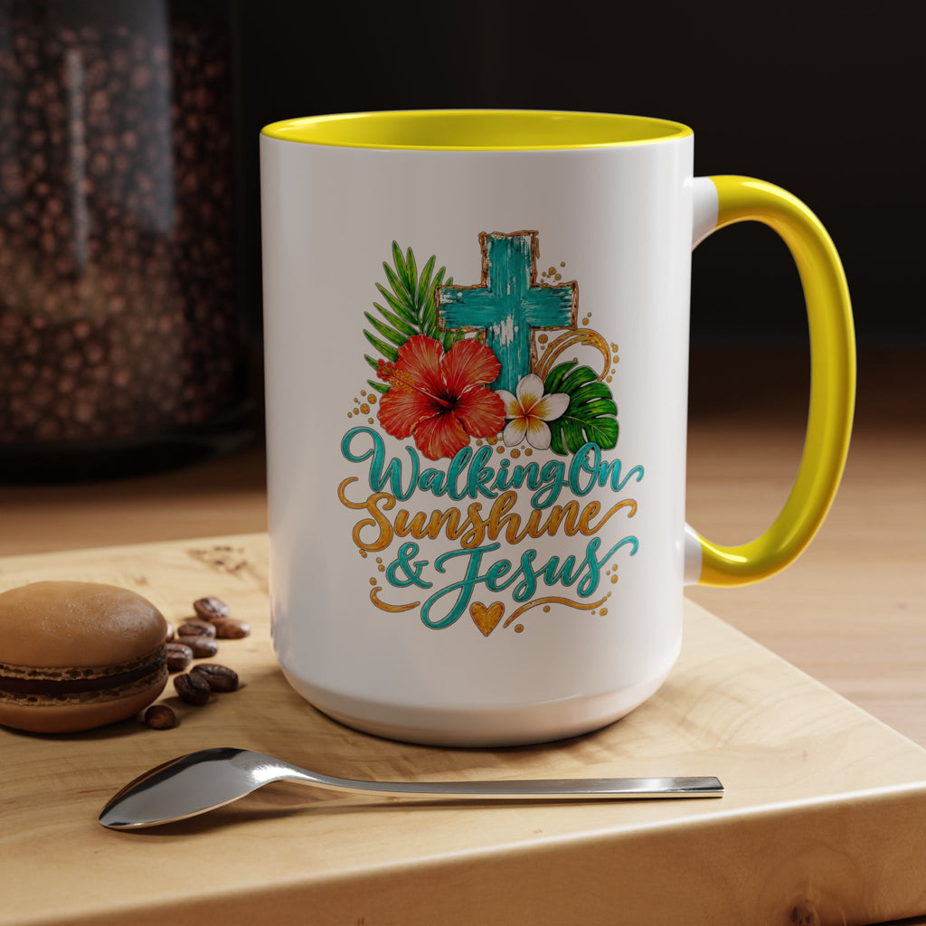 Walking on Sunshine & Jesus Coffee Mug – Floral Cross Accent Mug