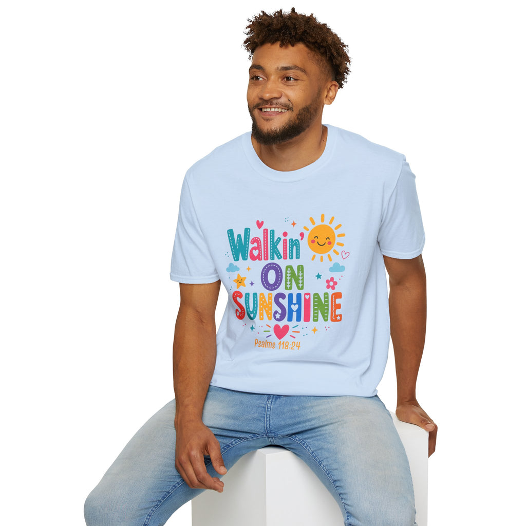 T-Shirt — "Walkin' on Sunshine" Bright Retro Sun Graphic Tee ‭‭Psalms‬ ‭118‬:‭24‬ ‭
