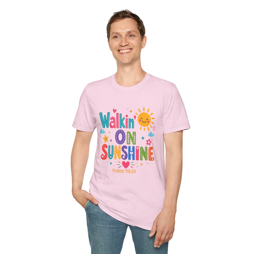 T-Shirt — "Walkin' on Sunshine" Bright Retro Sun Graphic Tee ‭‭Psalms‬ ‭118‬:‭24‬ ‭