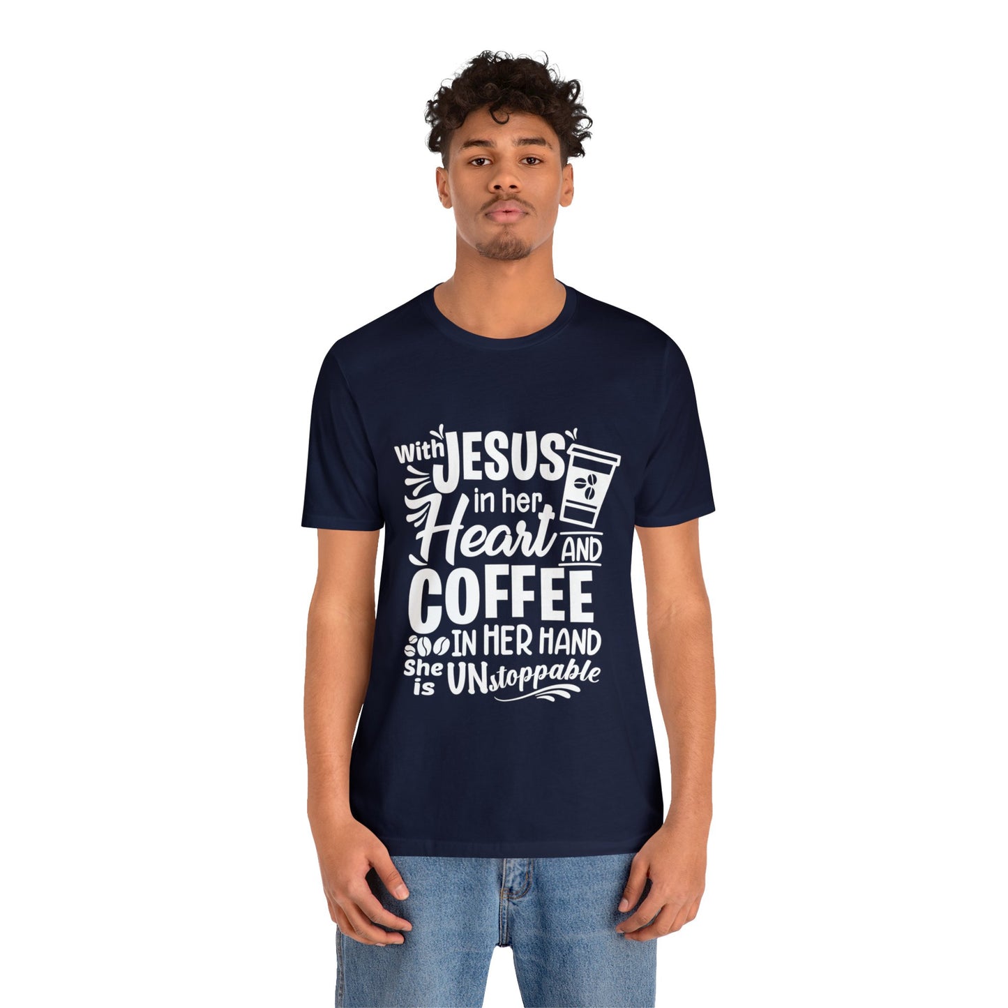 JESUS in Her Heart and Coffee - Woman's Jersey Short Sleeve Tee