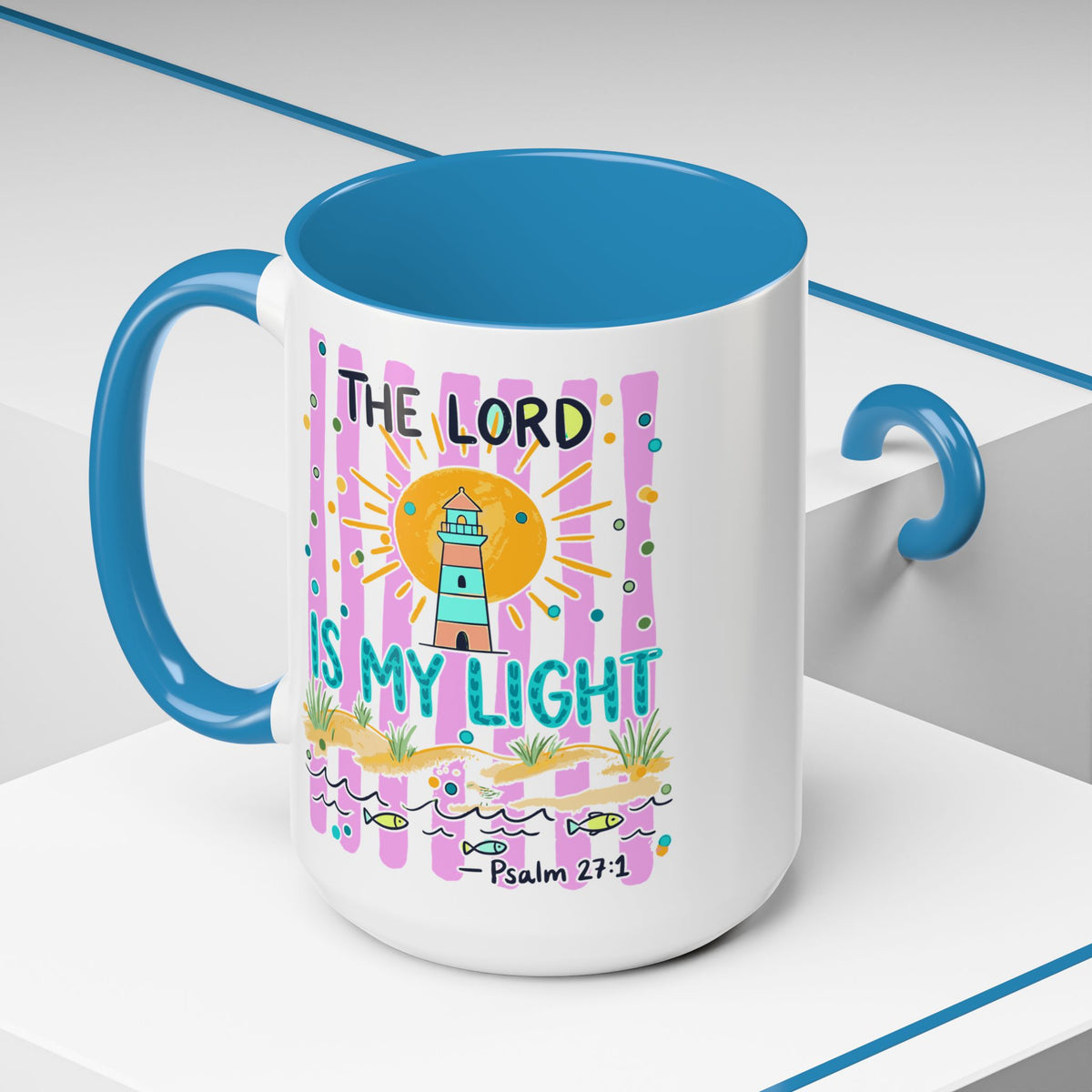 Christian Coffee Mug - "The Lord Is My Light" Lighthouse Psalm 27:1 Accent Mug