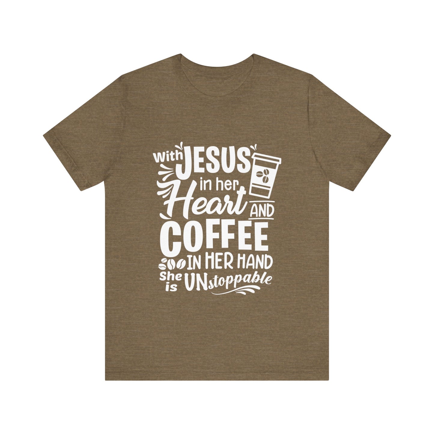 JESUS in Her Heart and Coffee - Woman's Jersey Short Sleeve Tee