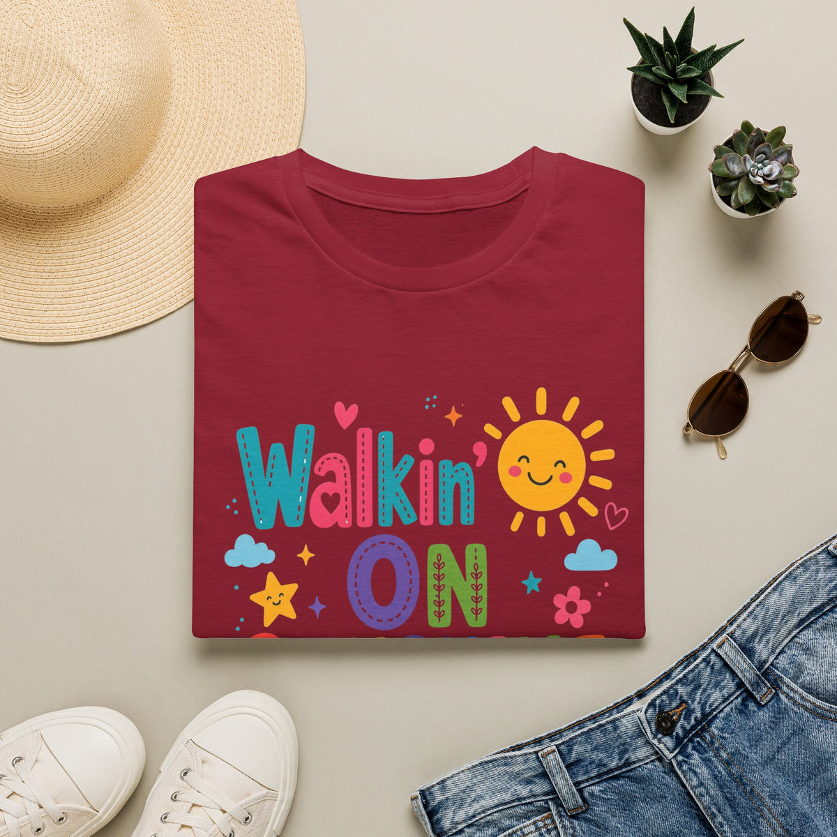 T-Shirt — "Walkin' on Sunshine" Bright Retro Sun Graphic Tee ‭‭Psalms‬ ‭118‬:‭24‬ ‭