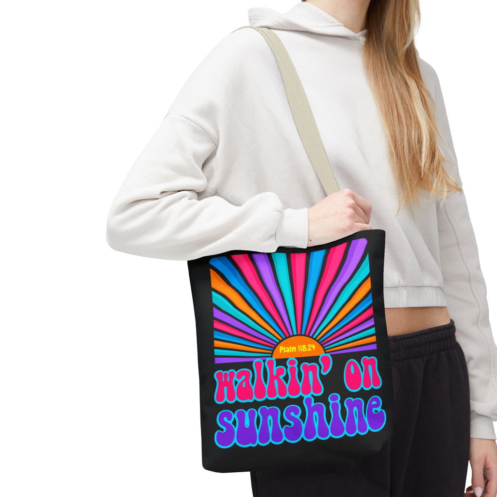 Lords Glory Sunrise Graphic Tote Bag — “Walkin' on Sunshine” Retro Psalm 118:24 Cotton AOP