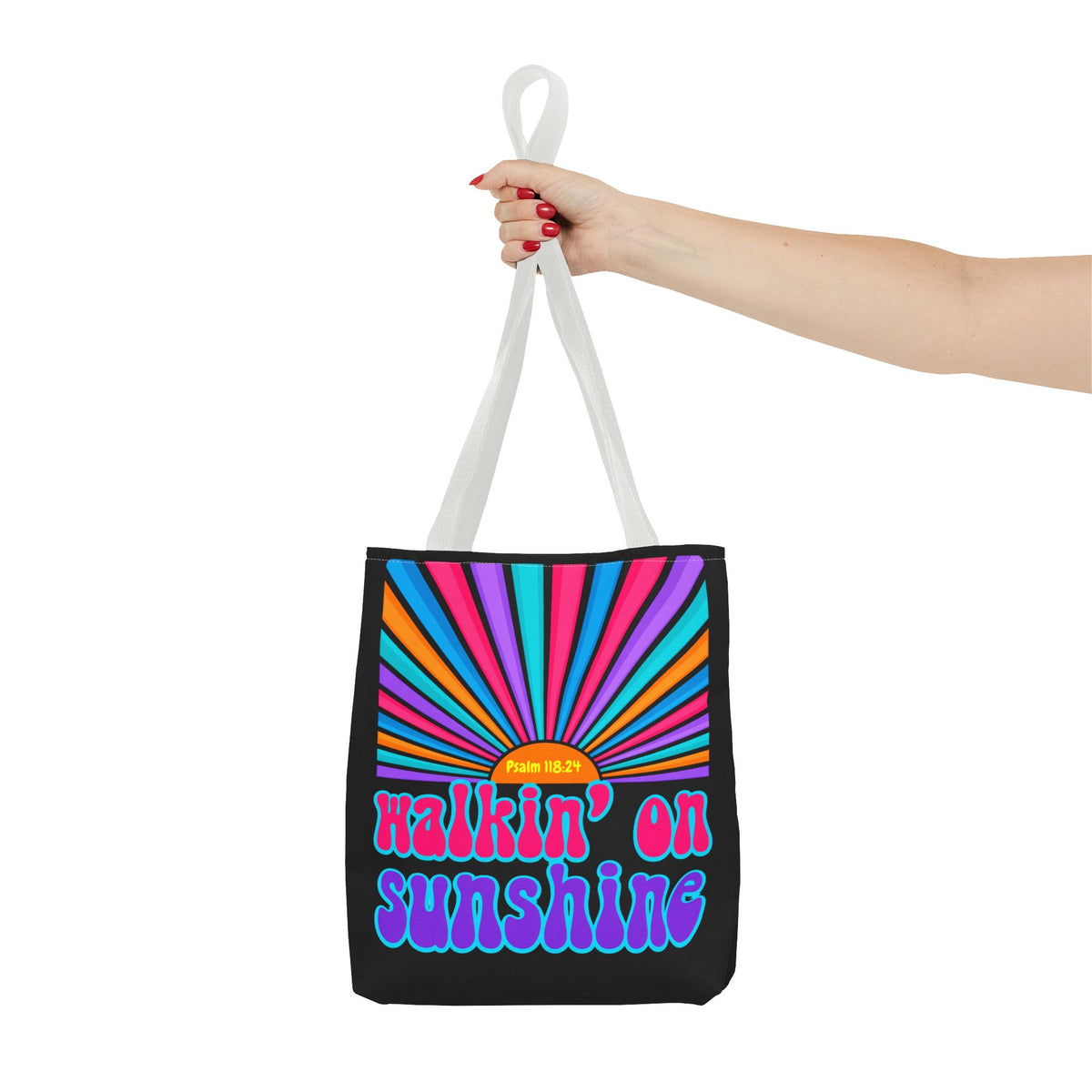 Lords Glory Sunrise Graphic Tote Bag — “Walkin' on Sunshine” Retro Psalm 118:24 Cotton AOP