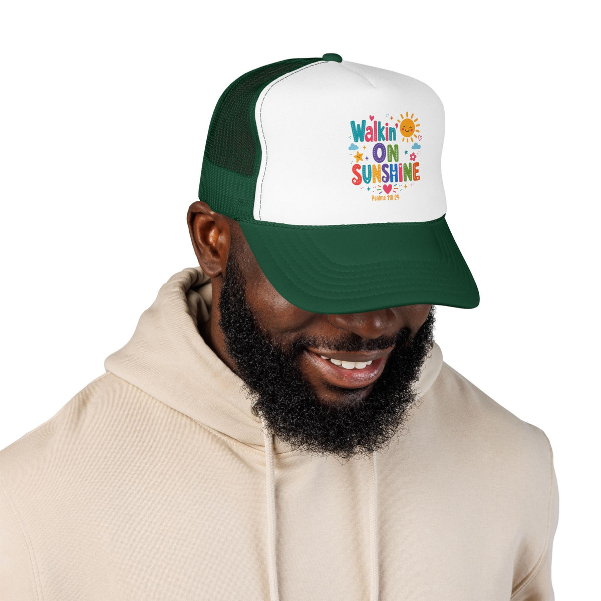 Walkin' on Sunshine Foam Trucker Hat — Retro Colorful Sunshine Design Psalm 118:24