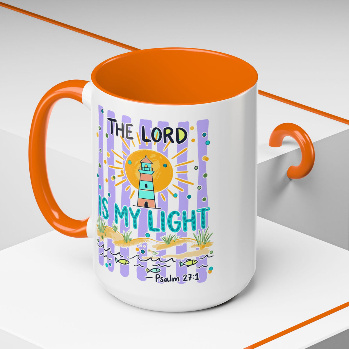 Accent Coffee Mug — “The Lord Is My Light” Lighthouse Bible Verse (Psalm 27:1)
