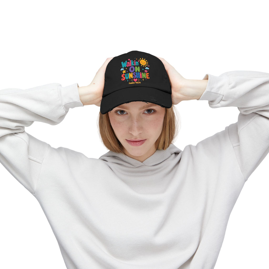 Distressed Cap — "Walkin' on Sunshine" Retro Sunshine Baseball Hat Psalm 118:24
