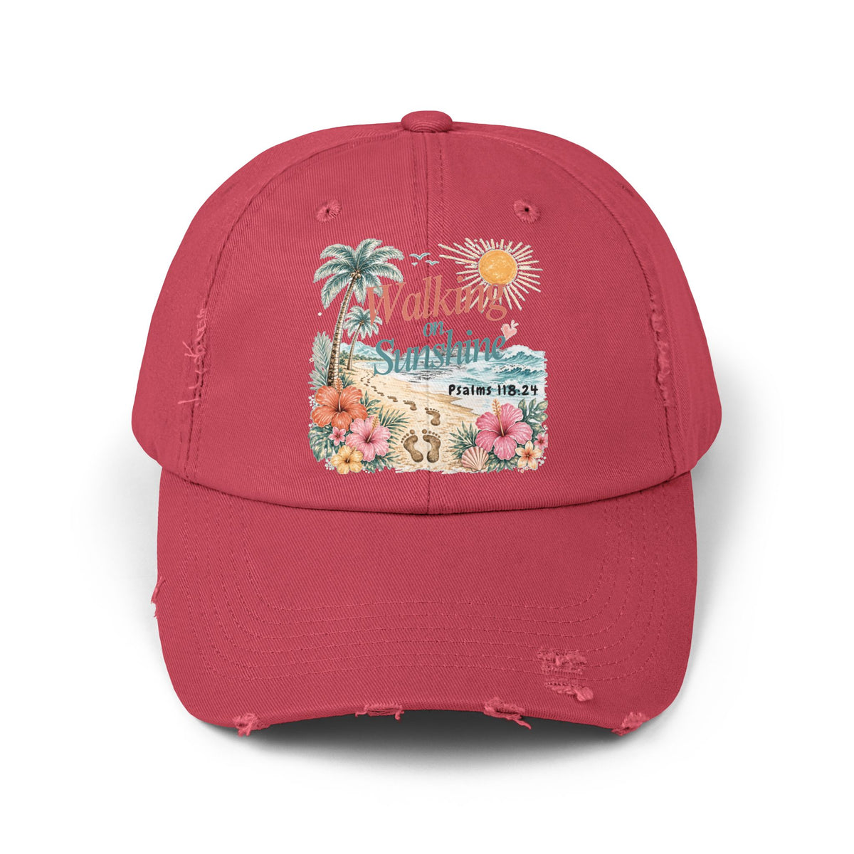 Distressed Cap — "Walk on Sunshine" Tropical Beach Baseball Hat Psalms 118:24