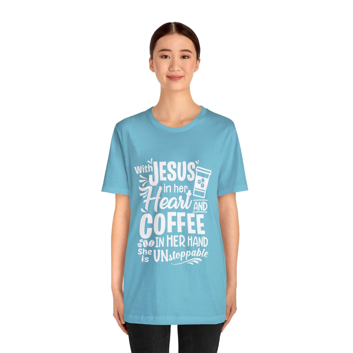 JESUS in Her Heart and Coffee - Woman's Jersey Short Sleeve Tee