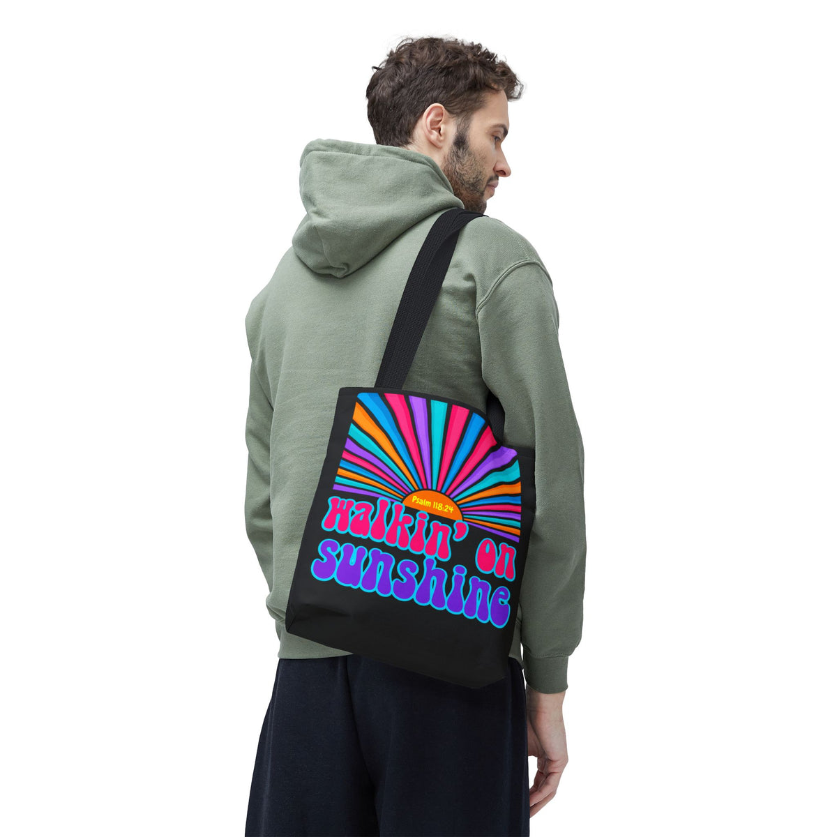 Lords Glory Sunrise Graphic Tote Bag — “Walkin' on Sunshine” Retro Psalm 118:24 Cotton AOP
