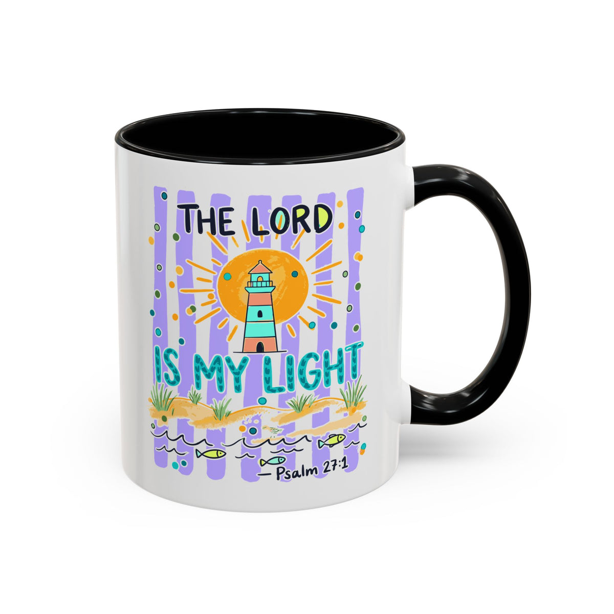 Accent Coffee Mug — “The Lord Is My Light” Lighthouse Bible Verse (Psalm 27:1)