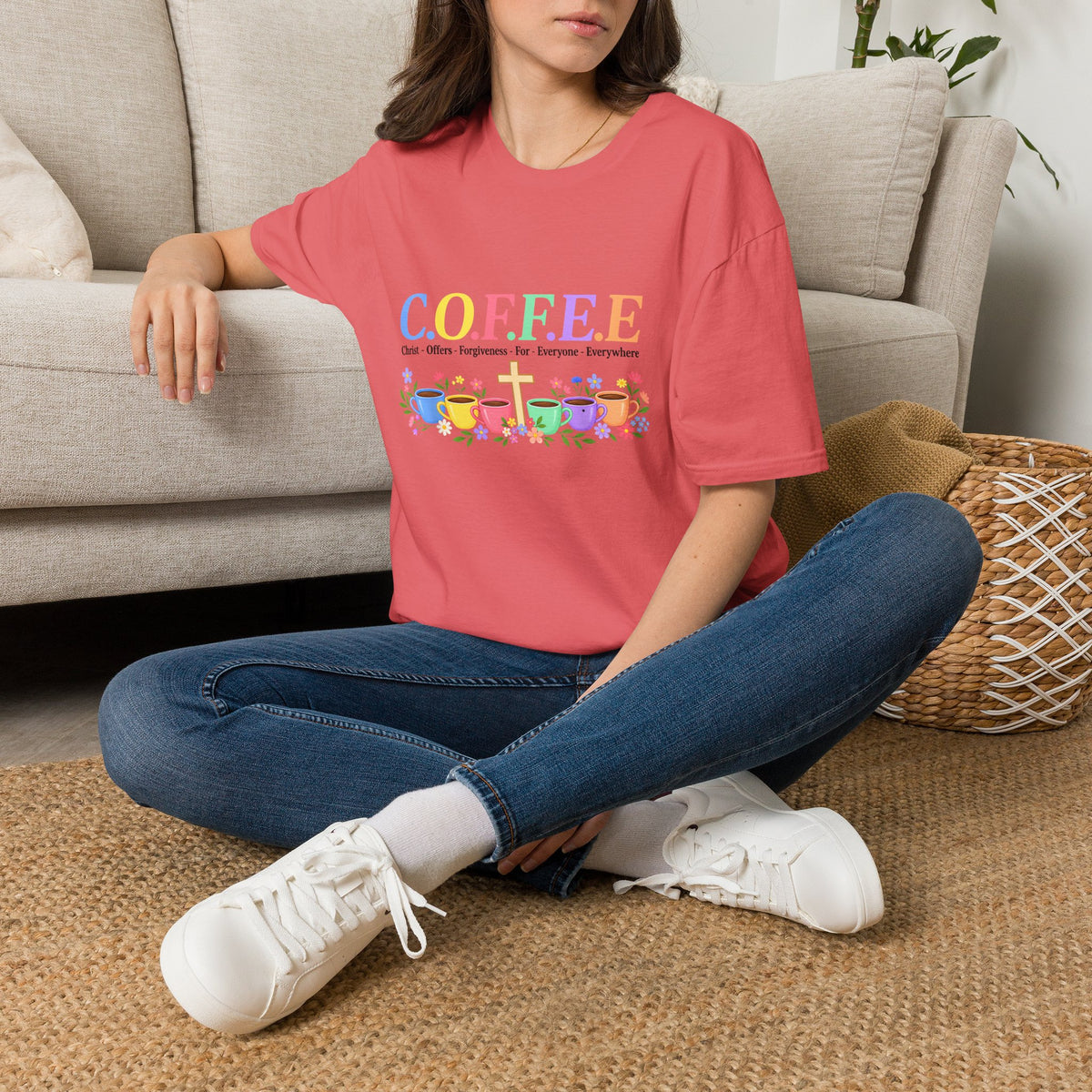 Coffee Lover Floral Graphic - C.o.f.f.e.e. (Christ - Offers - Forgiveness - For Everyone - Everywhere)  Softstyle T-Shirt