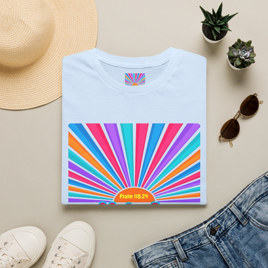 Walkin' On Sunshine Lords Glory with Lori Psalm 118:24 Retro T-Shirt — 70s Rainbow Sun Graphic Tee