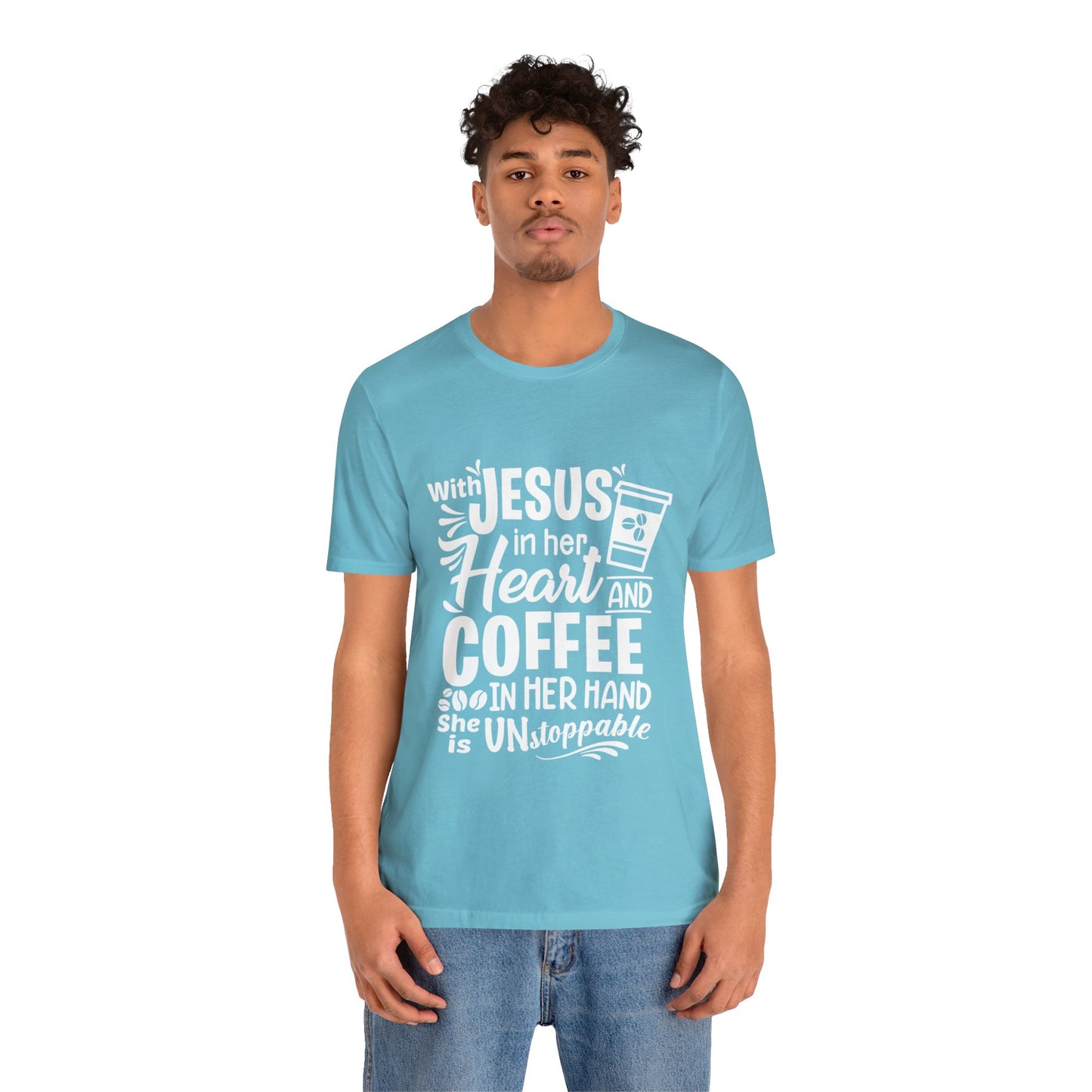 JESUS in Her Heart and Coffee - Woman's Jersey Short Sleeve Tee