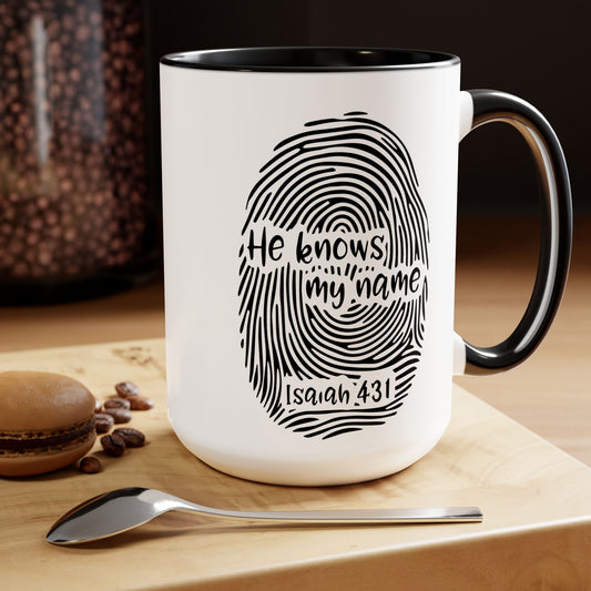 He Knows My Name - Two-Tone Coffee Mugs, 15oz