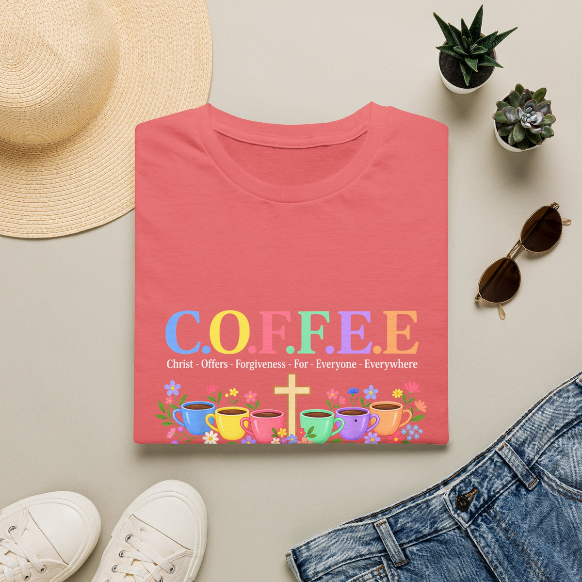 Coffee Lover Floral Graphic - C.o.f.f.e.e. (Christ - Offers - Forgiveness - For Everyone - Everywhere)  Softstyle T-Shirt