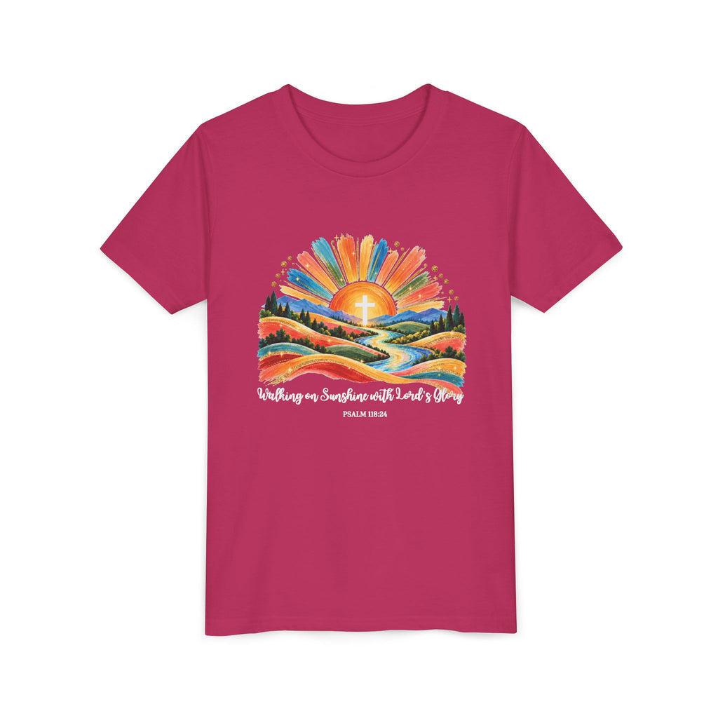Youth Short Sleeve Tee – Walking On Sunshine with Lords Colorful Christian Sunrise Faith Shirt