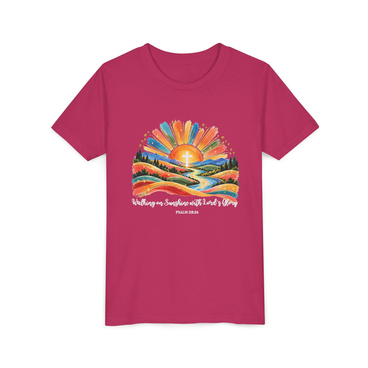 Youth Short Sleeve Tee – Walking On Sunshine with Lords Colorful Christian Sunrise Faith Shirt