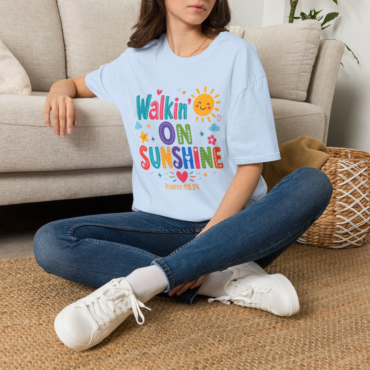 T-Shirt — "Walkin' on Sunshine" Bright Retro Sun Graphic Tee ‭‭Psalms‬ ‭118‬:‭24‬ ‭