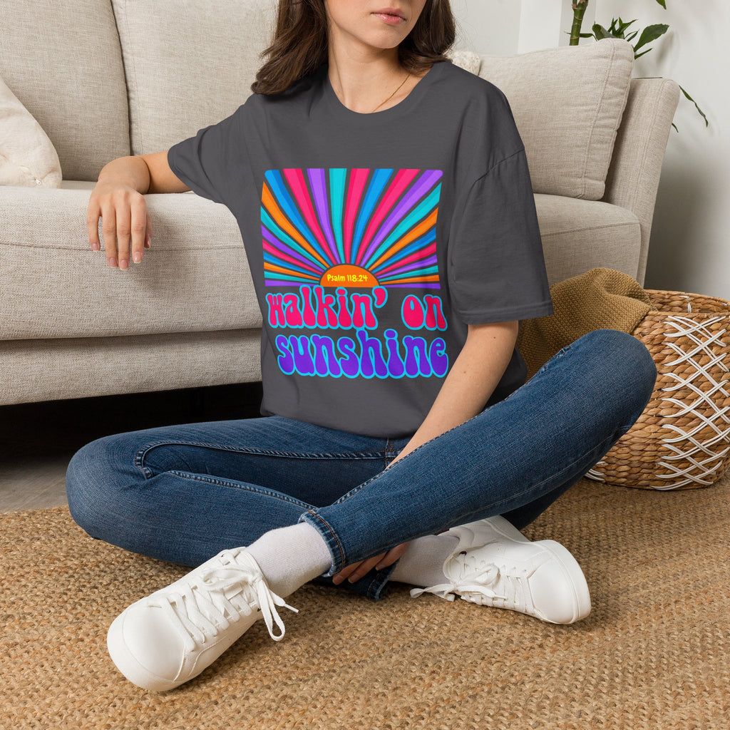 Walkin' On Sunshine Lords Glory with Lori Psalm 118:24 Retro T-Shirt — 70s Rainbow Sun Graphic Tee
