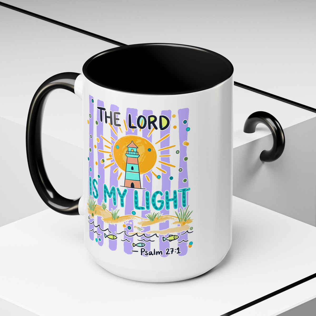 Accent Coffee Mug — “The Lord Is My Light” Lighthouse Bible Verse (Psalm 27:1)