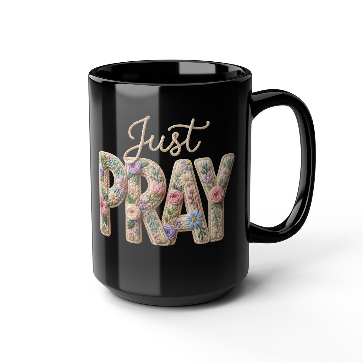 Just Pray floral typography Mug | Black coffee cup