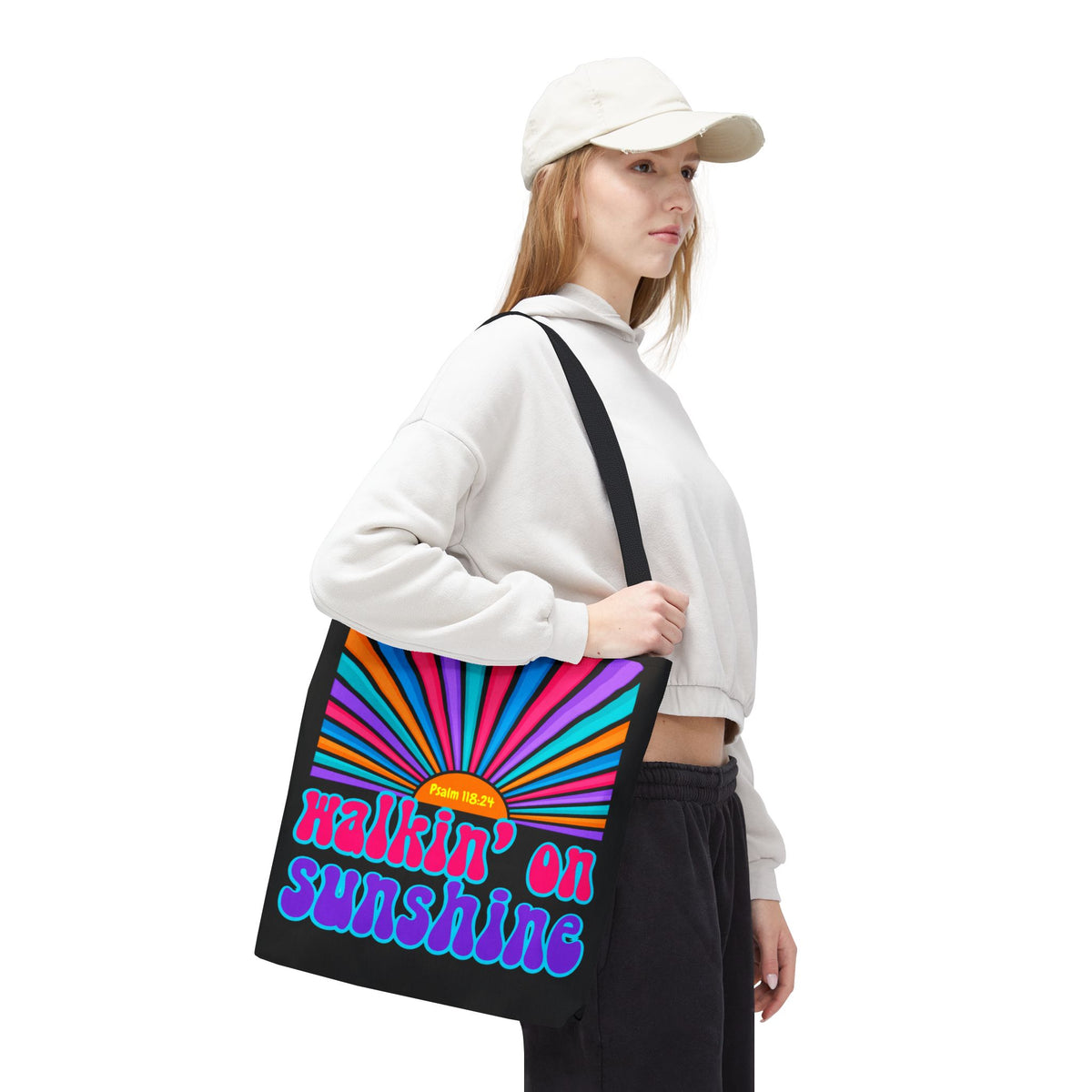 Lords Glory Sunrise Graphic Tote Bag — “Walkin' on Sunshine” Retro Psalm 118:24 Cotton AOP