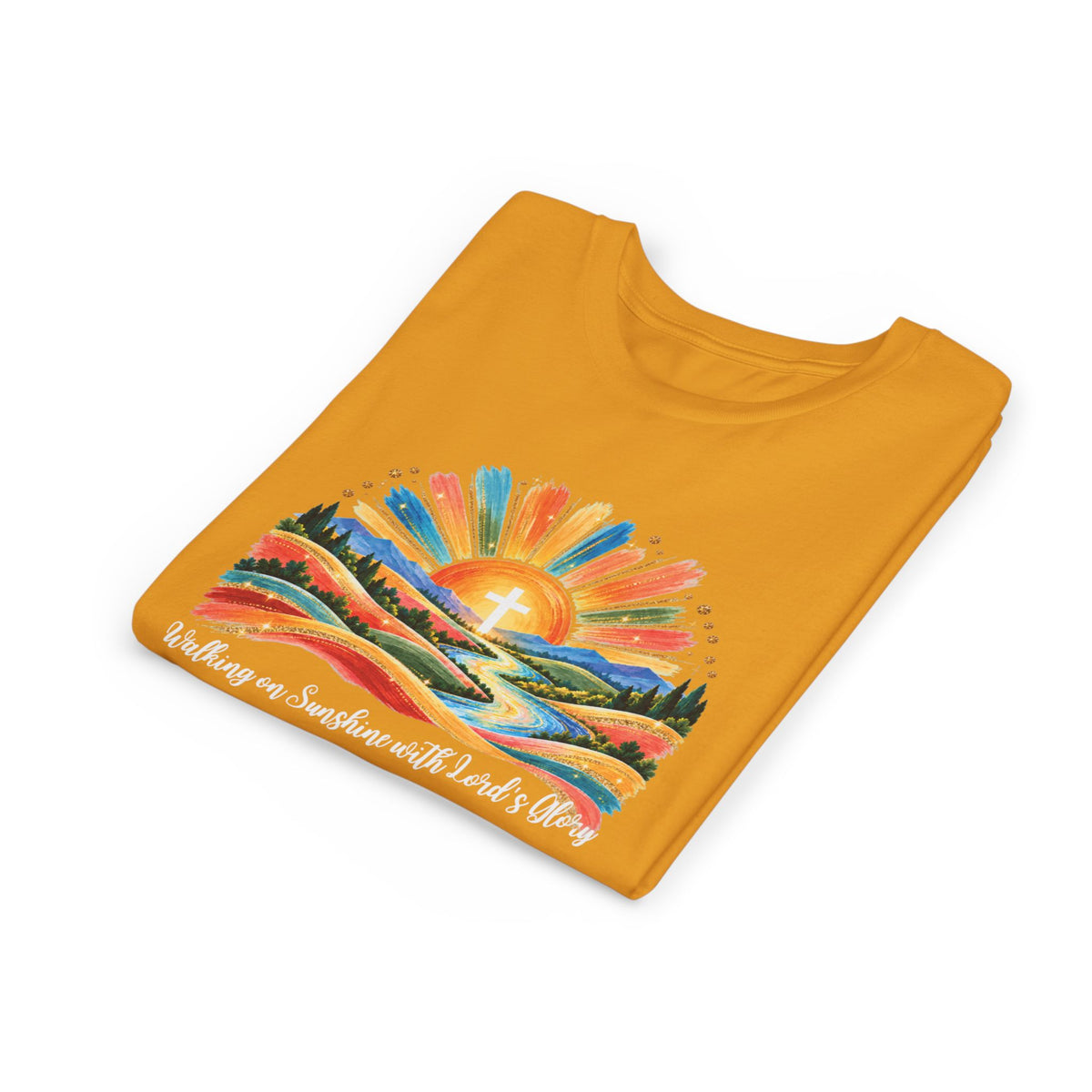 Youth Short Sleeve Tee – Walking On Sunshine with Lords Colorful Christian Sunrise Faith Shirt