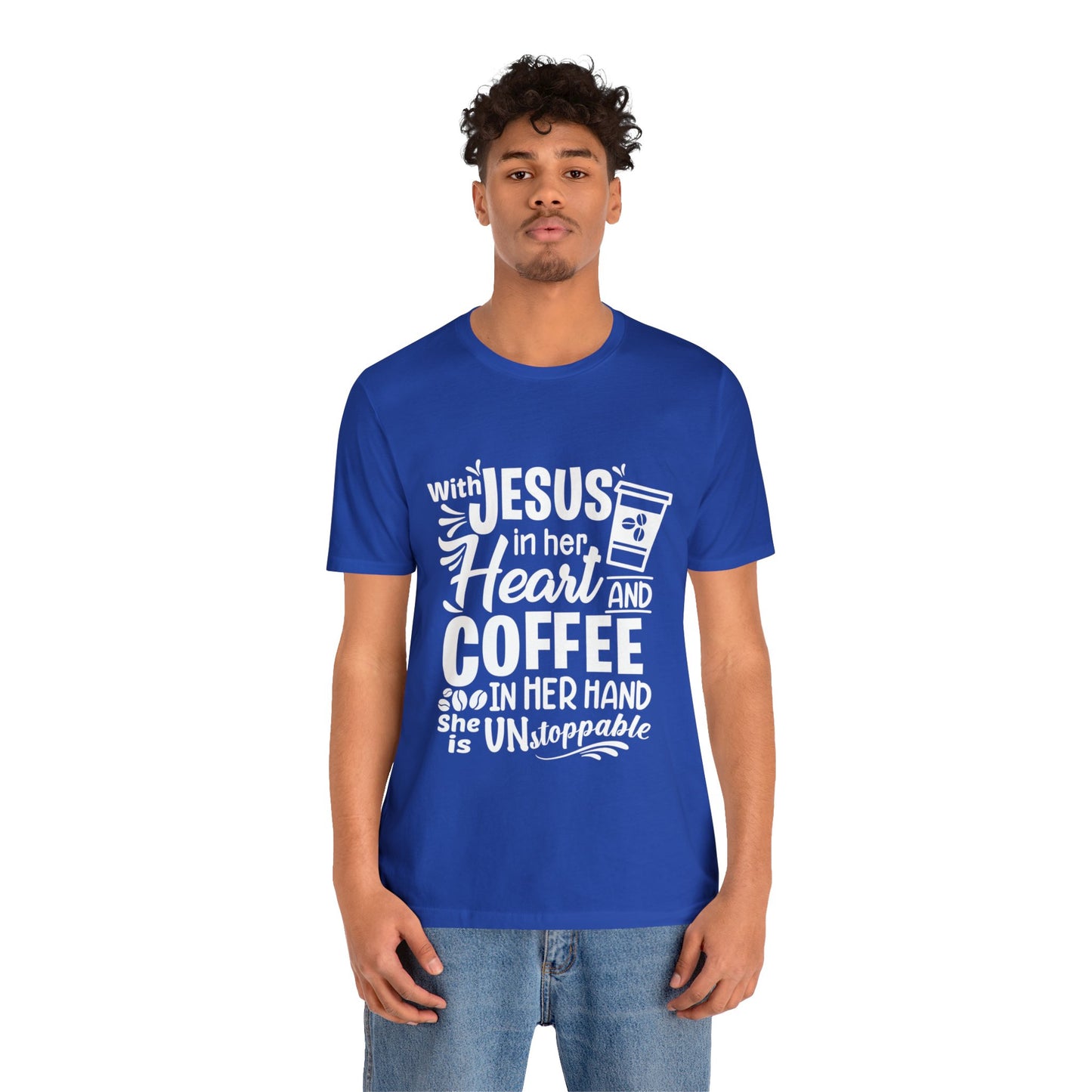 JESUS in Her Heart and Coffee - Woman's Jersey Short Sleeve Tee