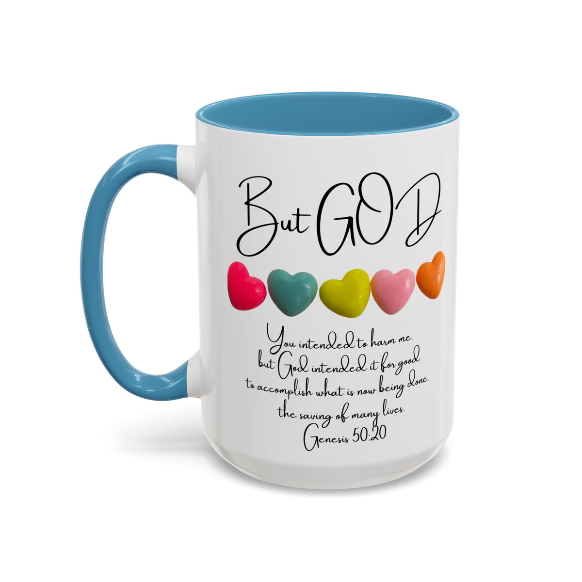 But God Scripture Coffee Mug — Genesis 50:20 Inspirational Heart Accent Mug (11/15oz)