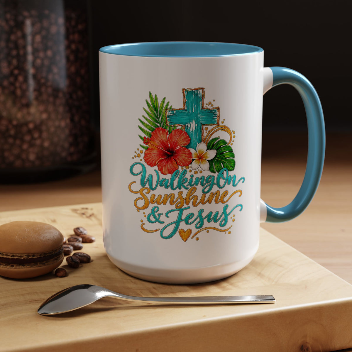 Walking on Sunshine & Jesus Coffee Mug – Floral Cross Accent Mug