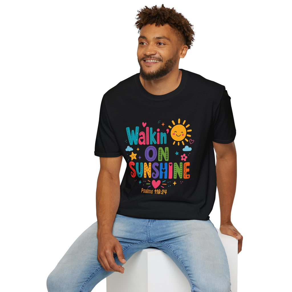 T-Shirt — "Walkin' on Sunshine" Bright Retro Sun Graphic Tee ‭‭Psalms‬ ‭118‬:‭24‬ ‭