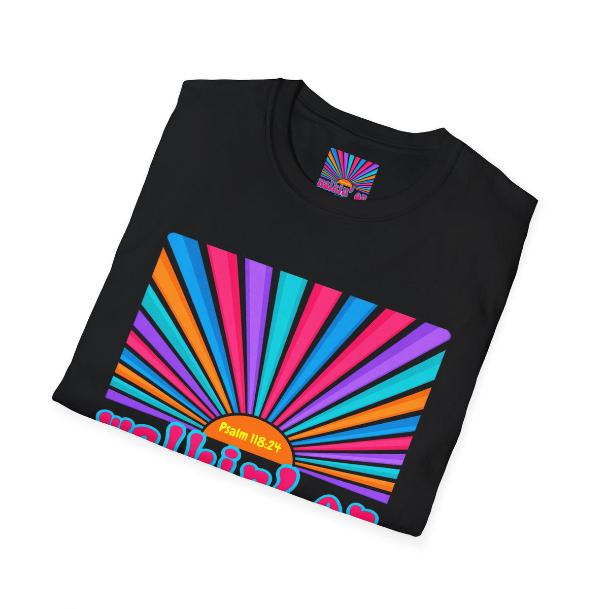 Walkin' On Sunshine Lords Glory with Lori Psalm 118:24 Retro T-Shirt — 70s Rainbow Sun Graphic Tee