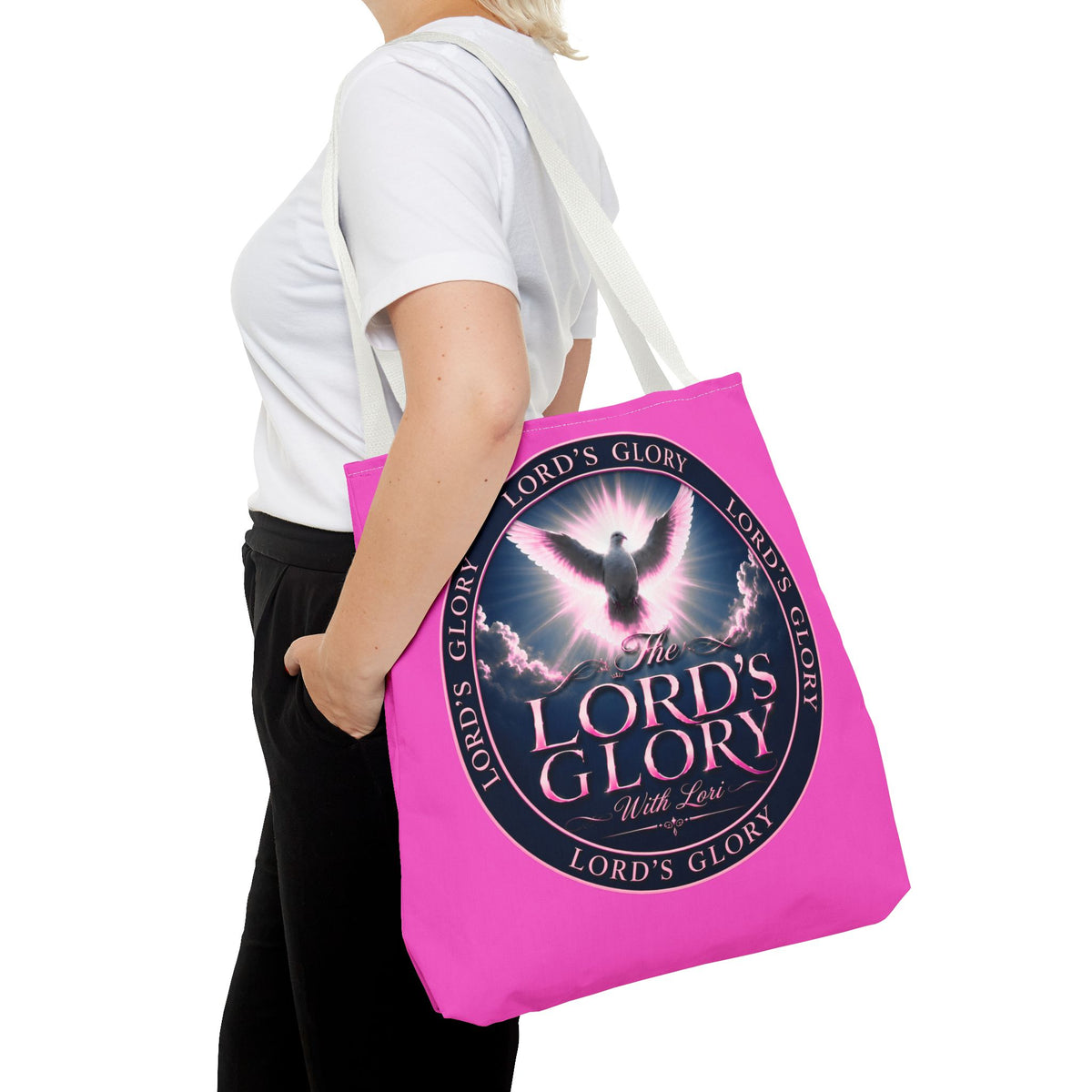 Religious Tote Bag - "The Lord's Glory with Lori" Pink All-Over-Print Christian Tote