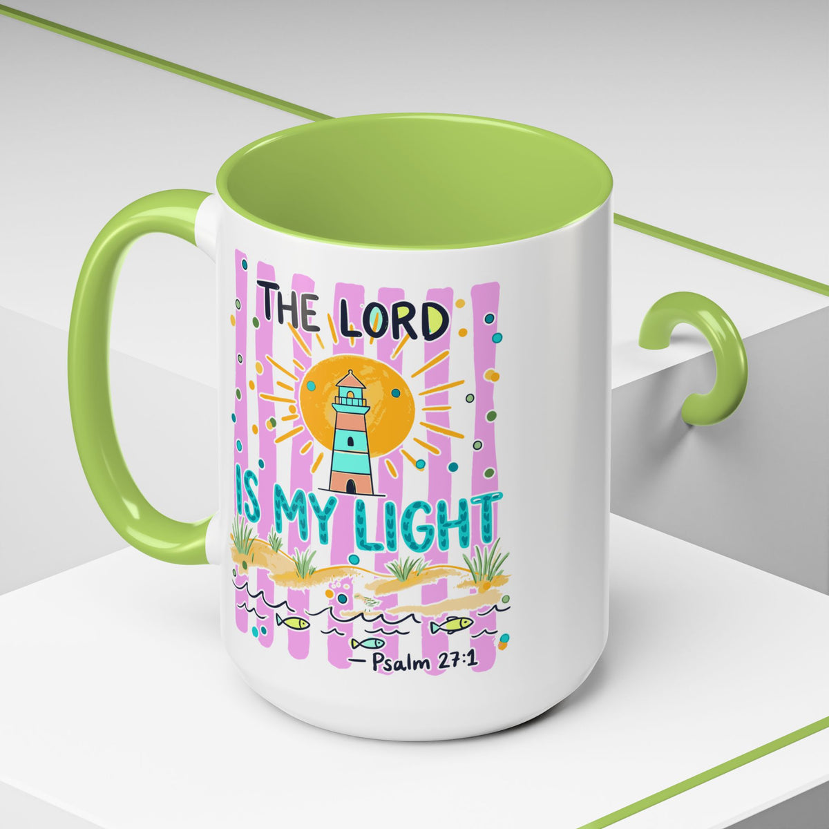 Christian Coffee Mug - "The Lord Is My Light" Lighthouse Psalm 27:1 Accent Mug