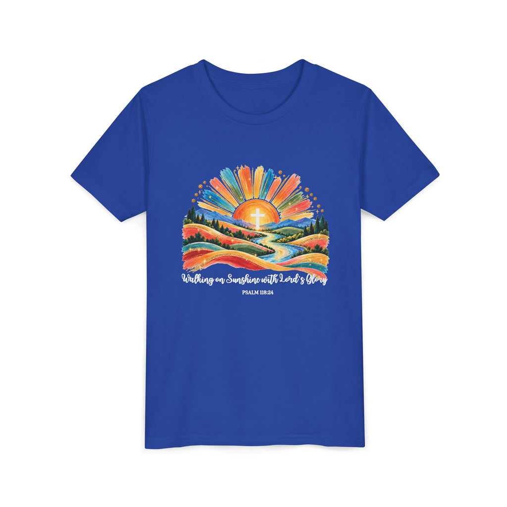 Youth Short Sleeve Tee – Walking On Sunshine with Lords Colorful Christian Sunrise Faith Shirt