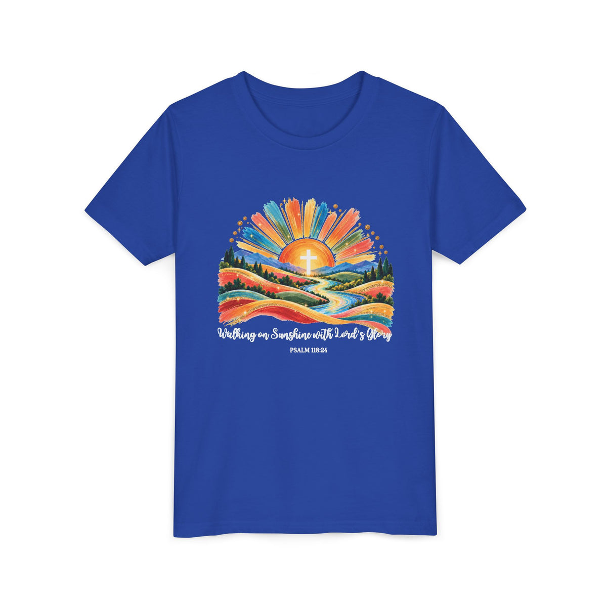 Youth Short Sleeve Tee – Walking On Sunshine with Lords Colorful Christian Sunrise Faith Shirt