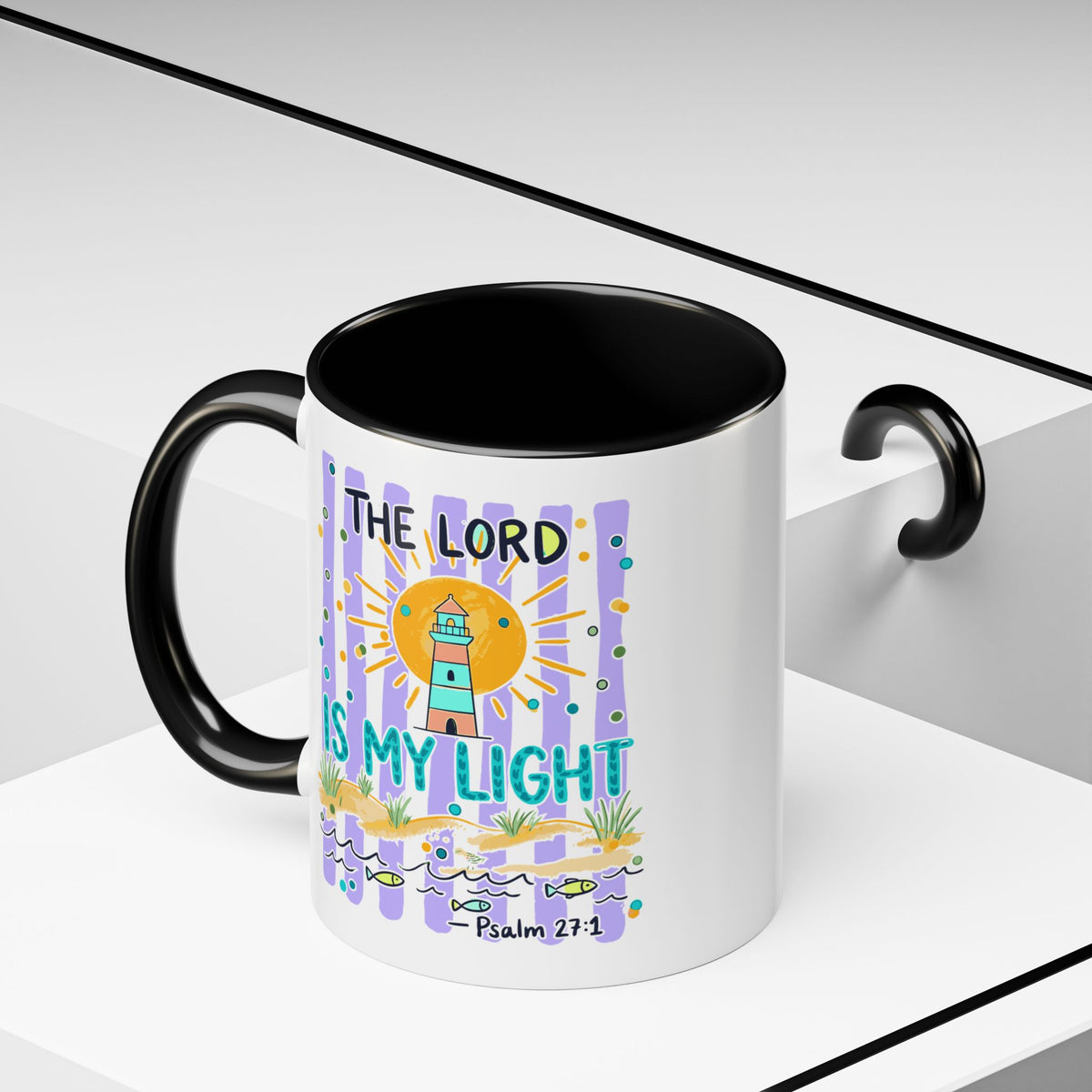 Accent Coffee Mug — “The Lord Is My Light” Lighthouse Bible Verse (Psalm 27:1)